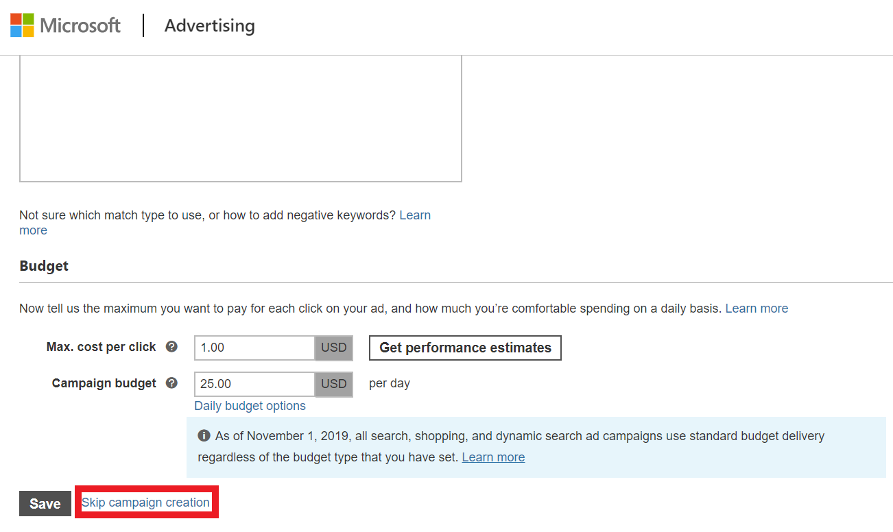 skip campaign creation when creating microsoft ads account.
