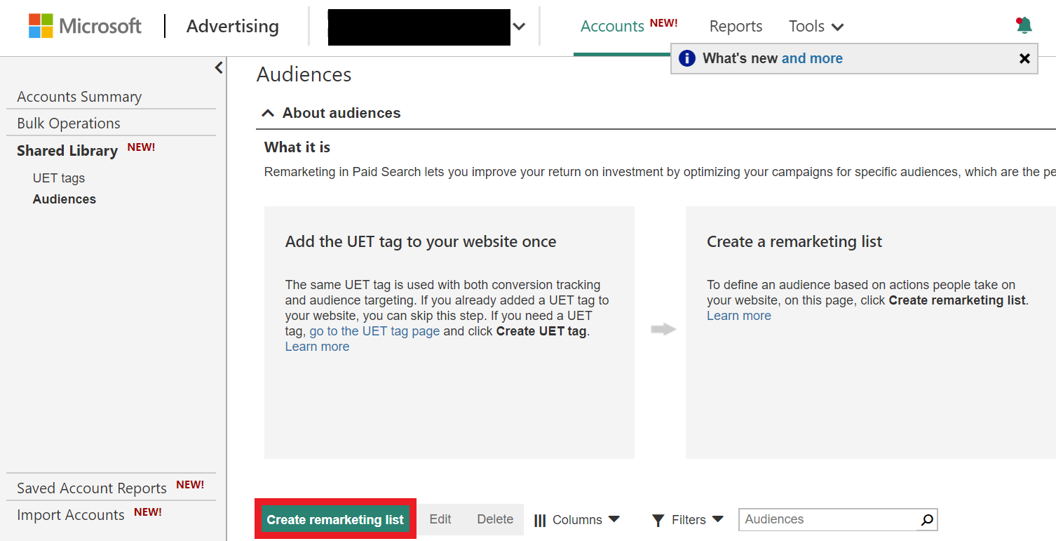 creating a remarketing list on microsoft ads.