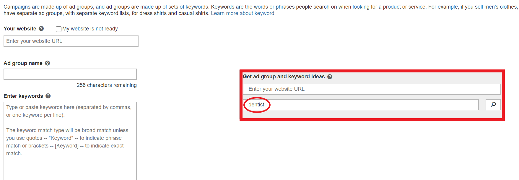 example of keyword ideas for core topic on bing ads.