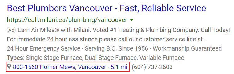 example of location extension on microsoft ads.