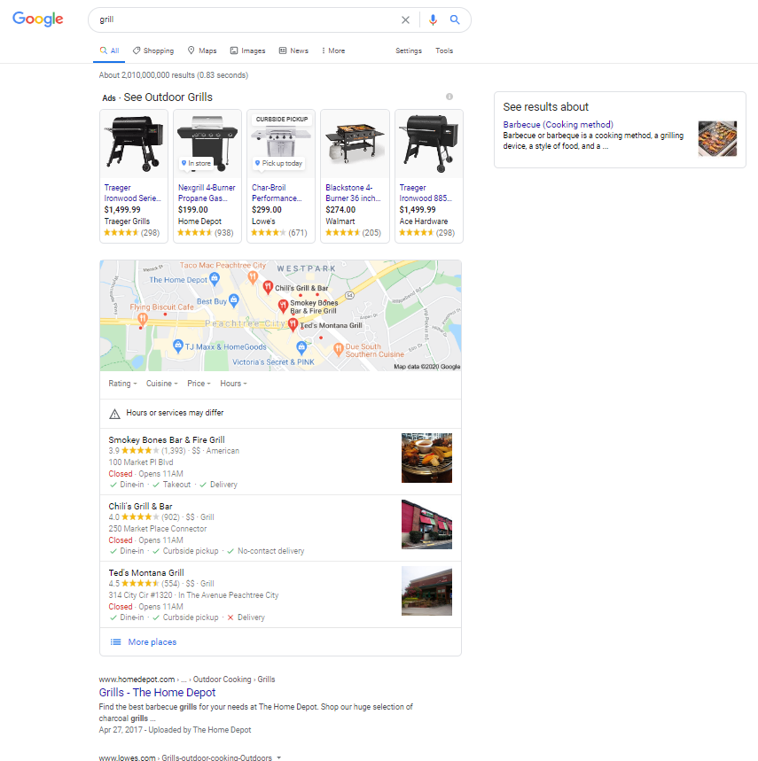 grill search result page on using Google. 