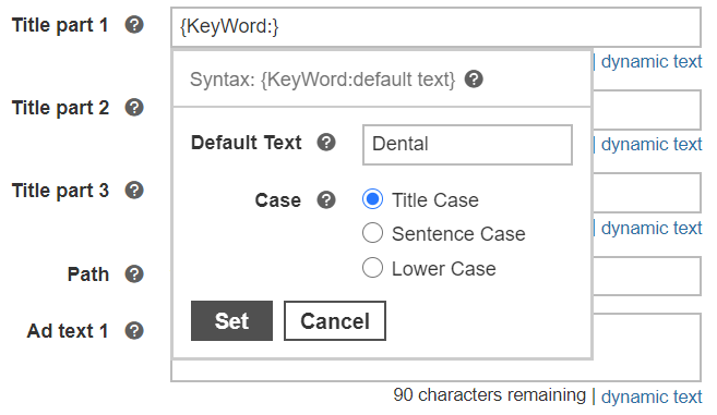 choosing default text for dynamic search ads.