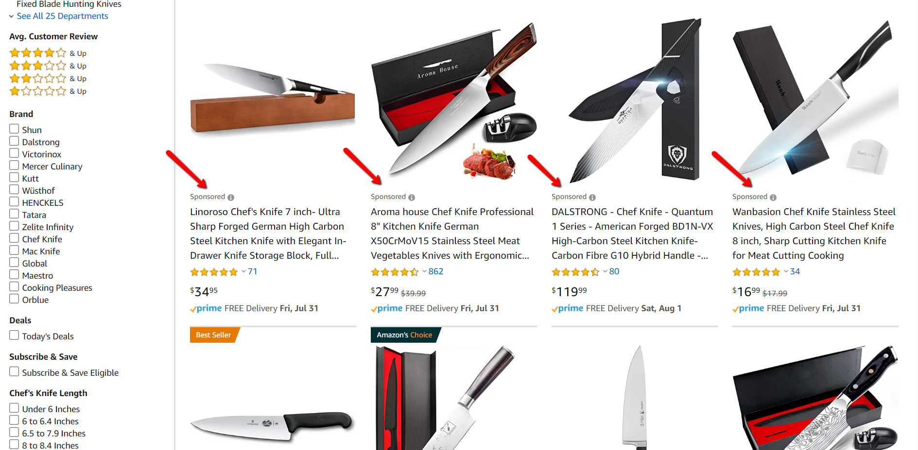 Image of cooking knifes in Amazon. 
