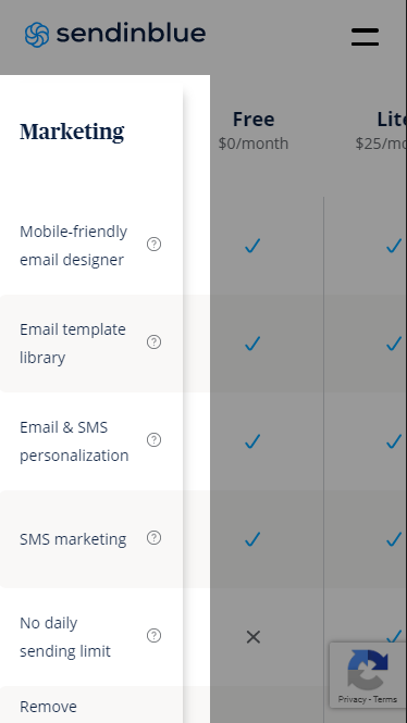 Image of Send In Blue card highlighting the features for marketing on the left. 