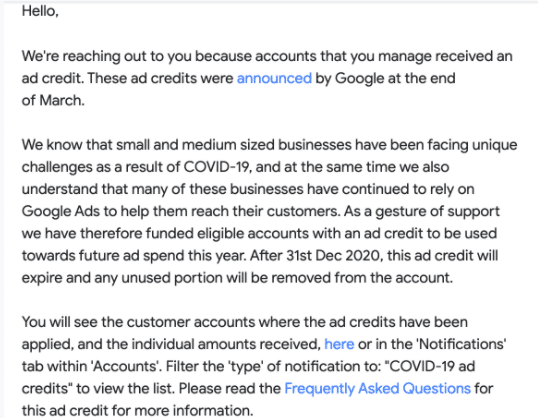 An example of the email notifying a manager account admin that Google Ads credits have been applied.