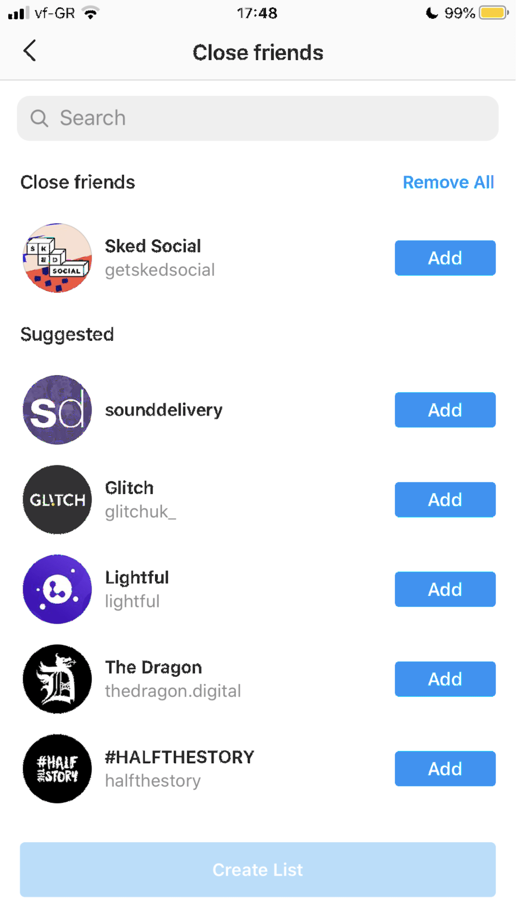 A screenshot of a close friends list on Instagram.