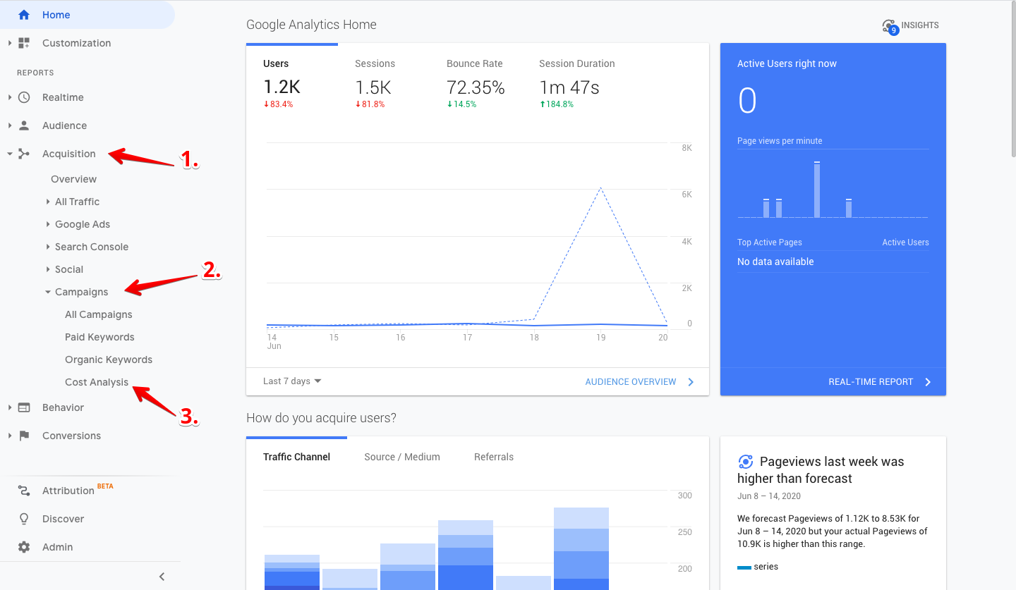 Google Analytics home dashboard. 