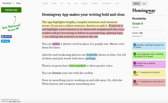 Hemingway App homepage