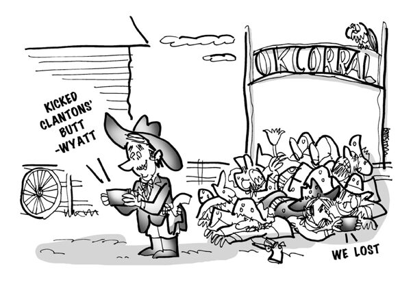 shootout at OK Corral cartoon Wyatt Earp sending text message they won kicked Clantons' butt standing next to big pile of bad guy bodies