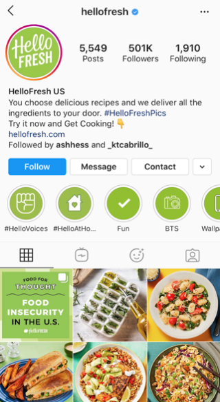 Screenshot of HelloFreshs Instagram page