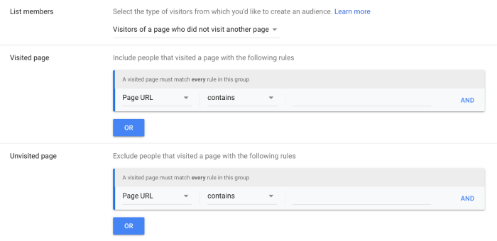 Choosing which pages visitors did or did not visit in Google Analytics