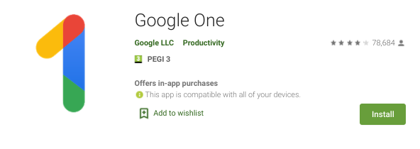 Google One app listing