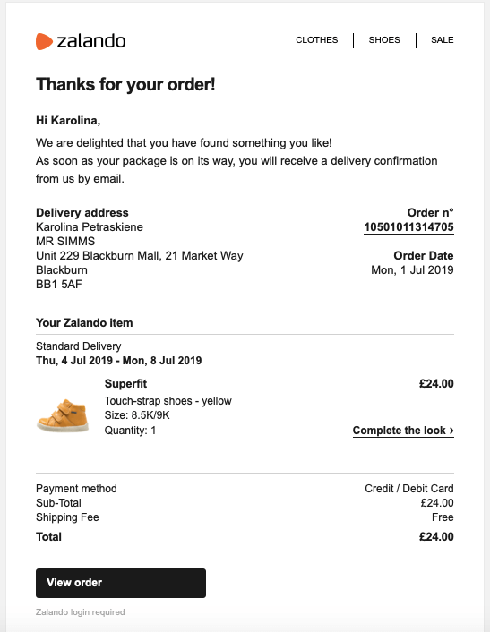 eCommerce purchase confirmation email from Zalando