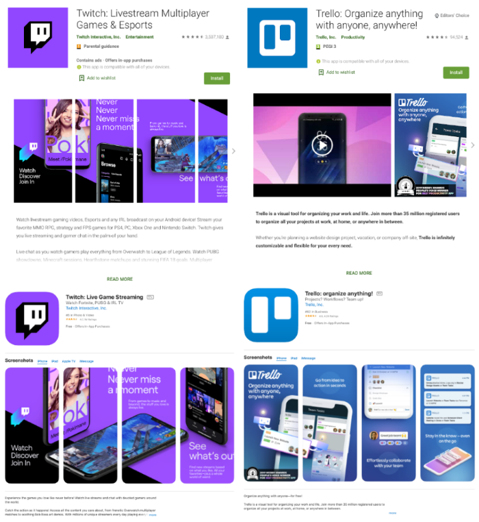 Twitch and Trello app listings in iOS app store and Google Play