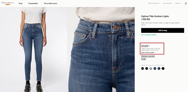 nude jeans eCommerce size guide example