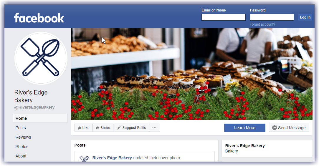 example of a Facebook page with cover image decorated for Christmas with a holly overlay