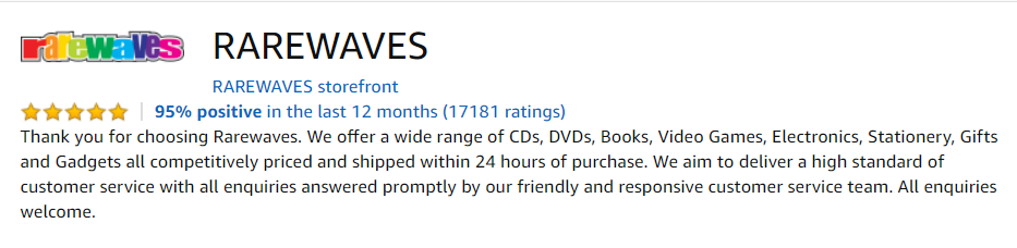 Rarewaves Amazon seller feedback
