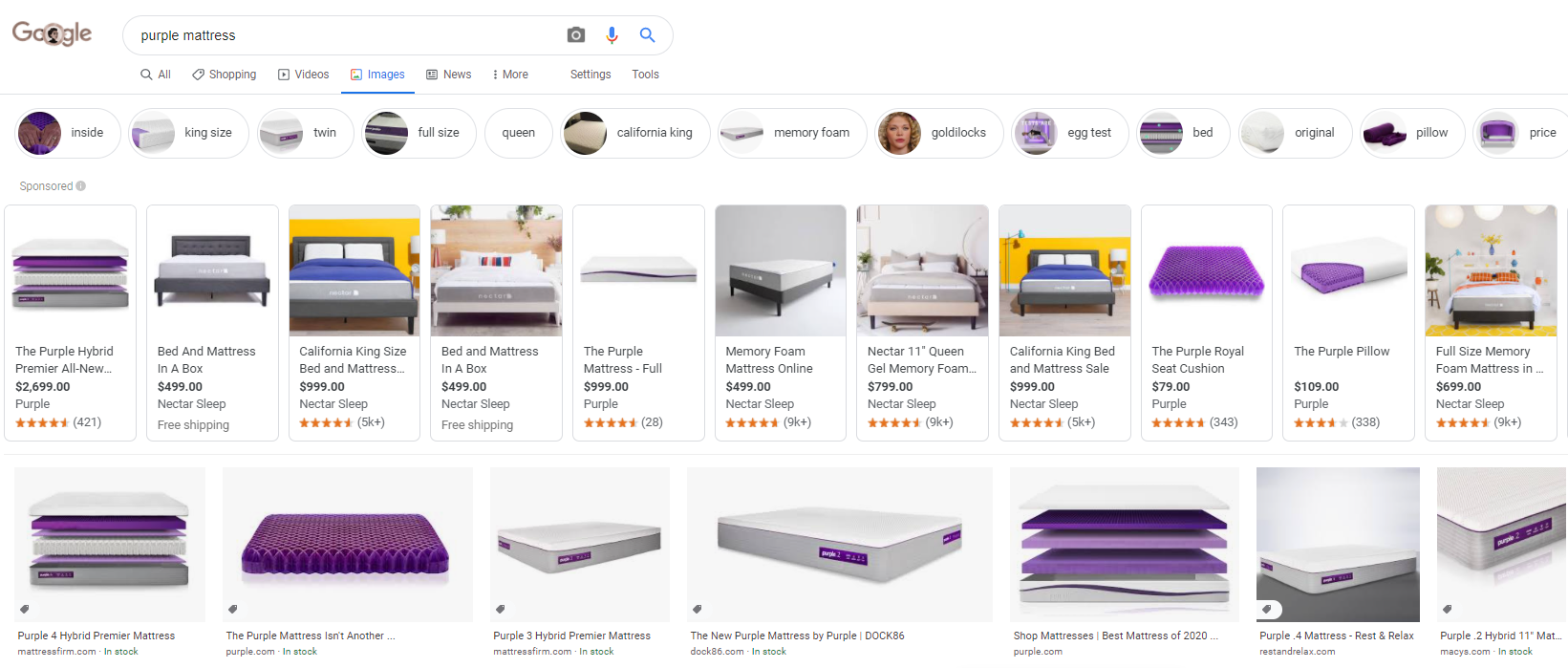 Example of Google Shopping ads appearing in Google Images