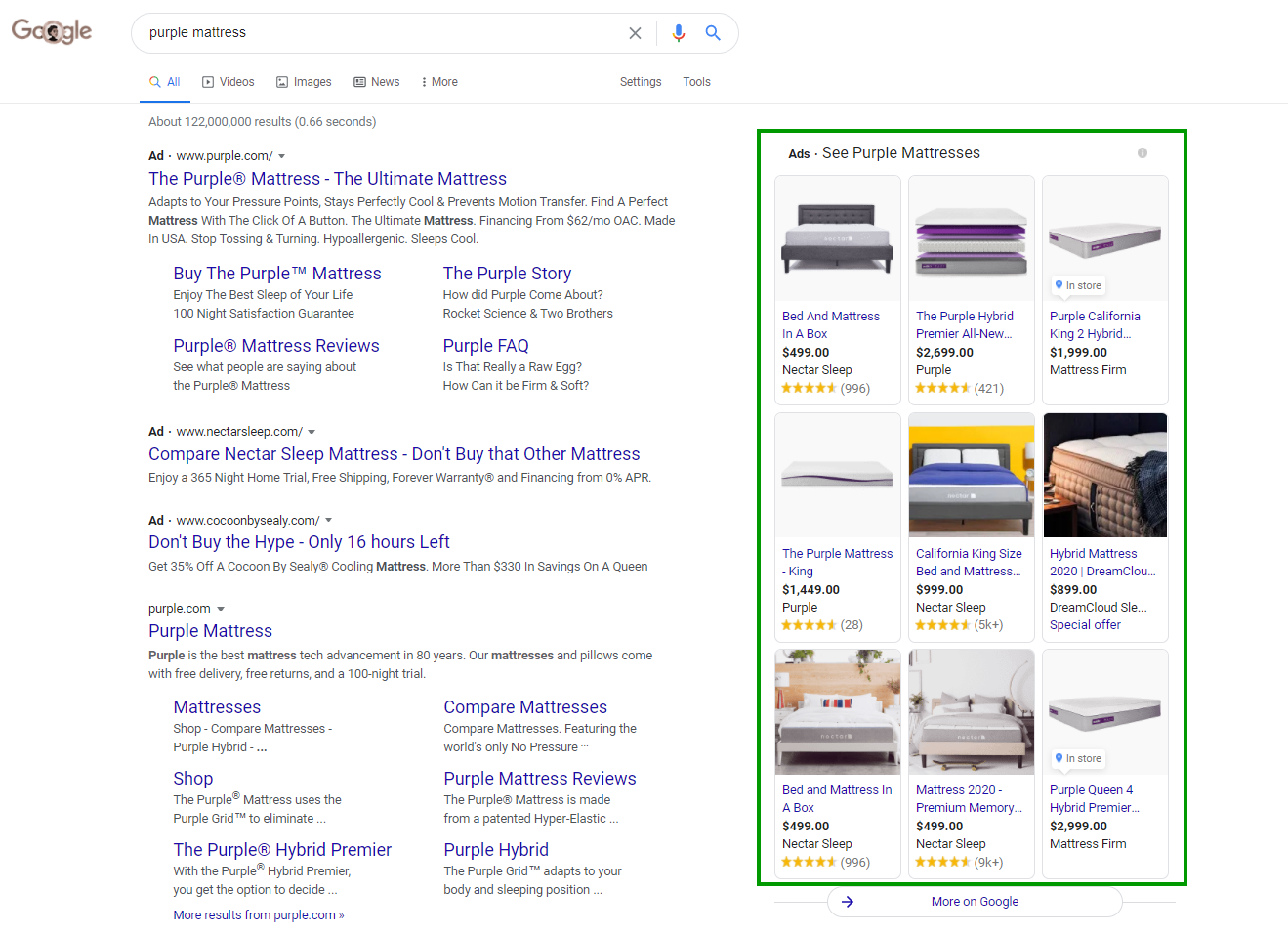 Google Shopping ads appearing in the right hand corner of search results