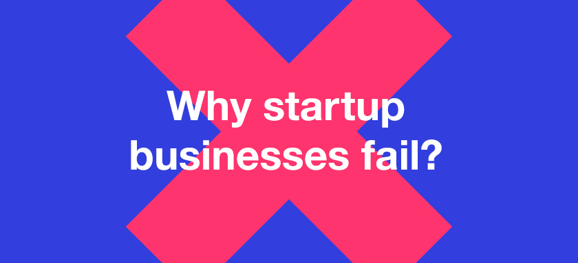 Red cross with text overlayed "Why startup business fail"