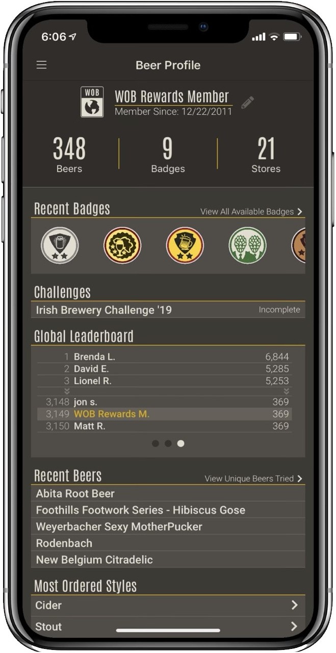 World of Beer displays local and global leaderboards within their program, so members can stay involved to keep earning points.