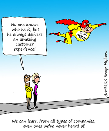 A Customer Experience Superhero Wearing a Mask Flies by Citizens