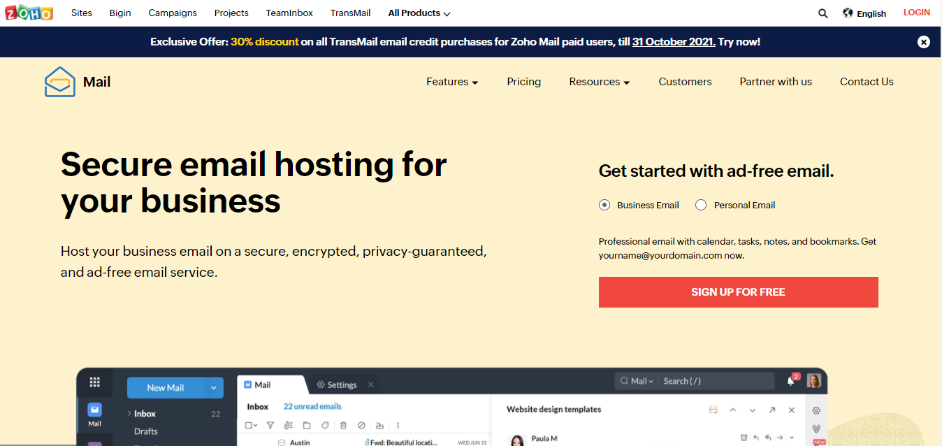 Screenshot of Zoho email hosting provider homepage