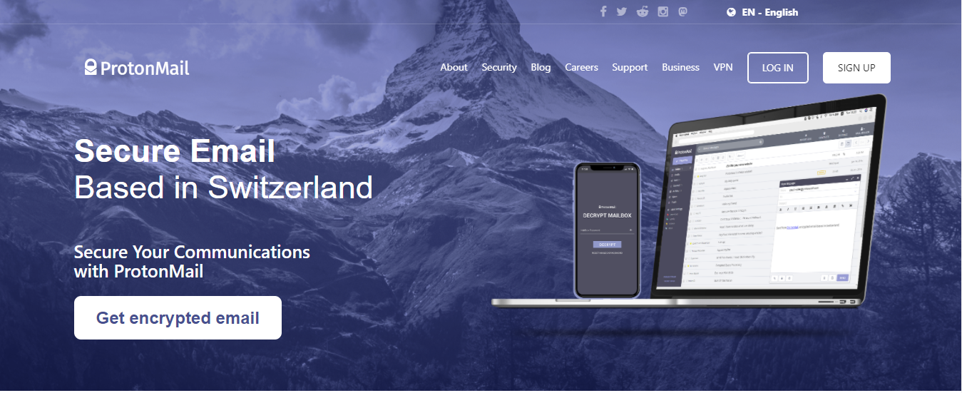 Screenshot of ProtonMail email hosting provider homepage