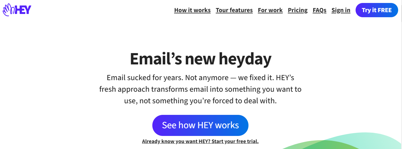 Screenshot of Hey email hosting provider homepage