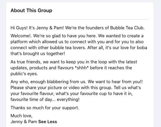 Bubble Tea Club Facebook Group About section