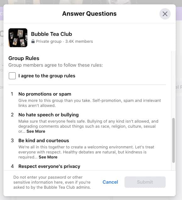 Example questionnaire for users joining a Facebook Group