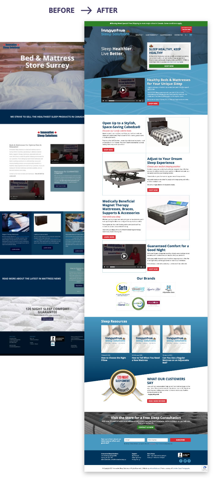 Before and after website redesign for Innovative Sleep Solutions