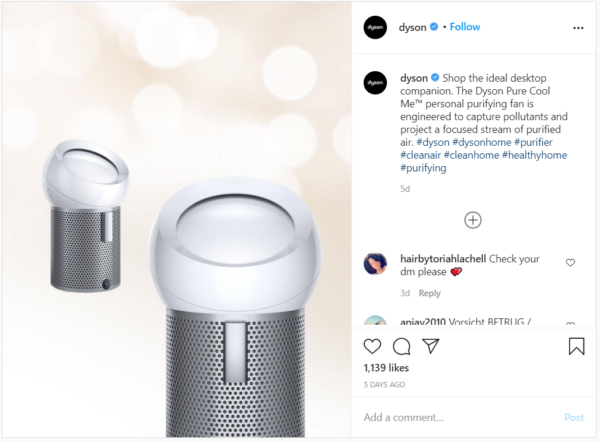 how Dyson uses hashtags on their instagram posts