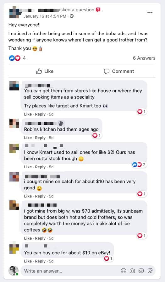 Customer asking about product suggestions in a Facebook Group