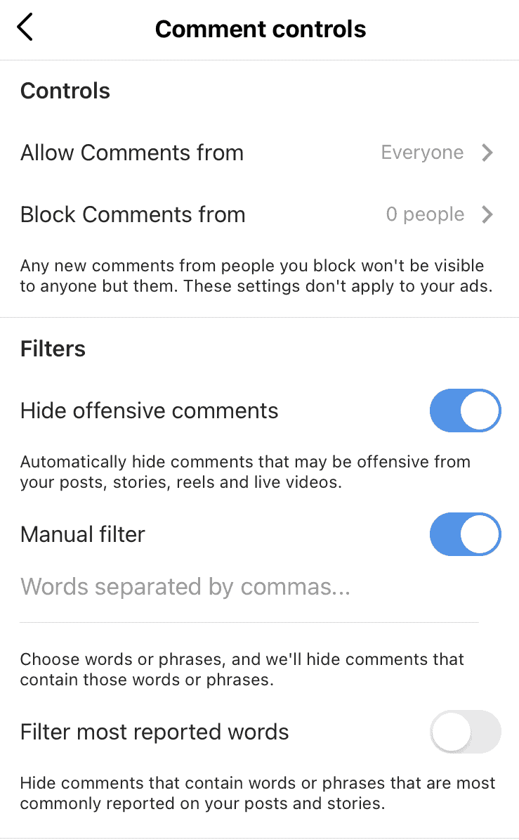 Filtering options to eliminate spam on Instagram.