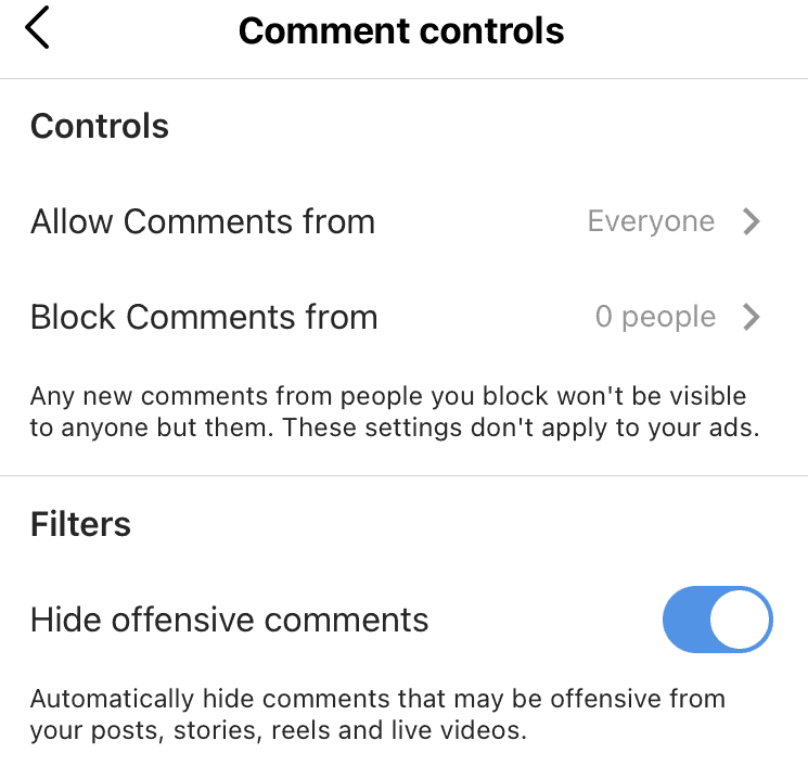 Example of privacy settings to help combat Instagram trolls.