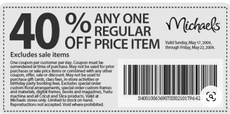 Michaels uses paper coupon marketing to grant the bearer 40%25 off of one regularly priced item