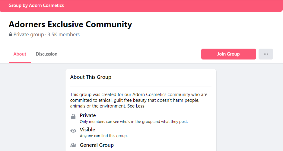 Facebook group page of Adorners Exclusive Community