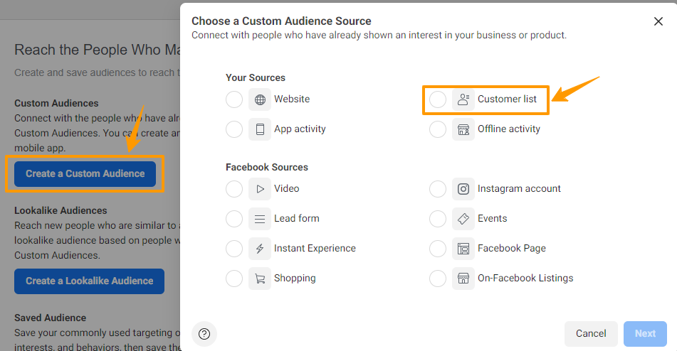Page in Facebook’s Audience Manager for choosing custom audience source