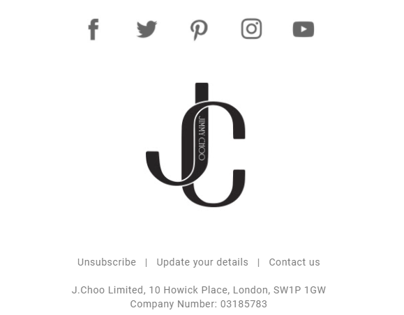 Social media logos in Jimmy Choo’s promotional email