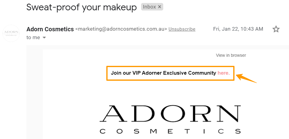 Screenshot of a promotional email from Adorn Cosmetics