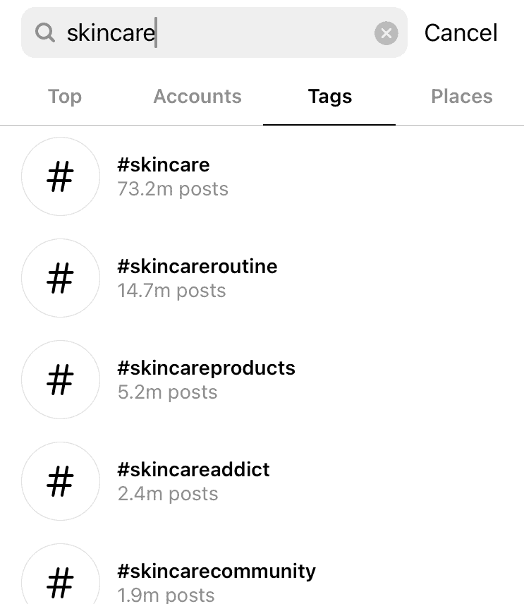 Instagram hashtags in Instagram app.