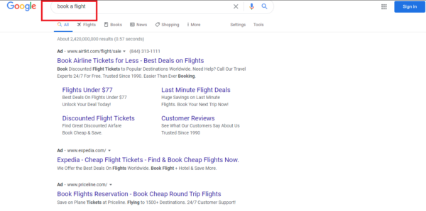 book a flight, google search, book flight,