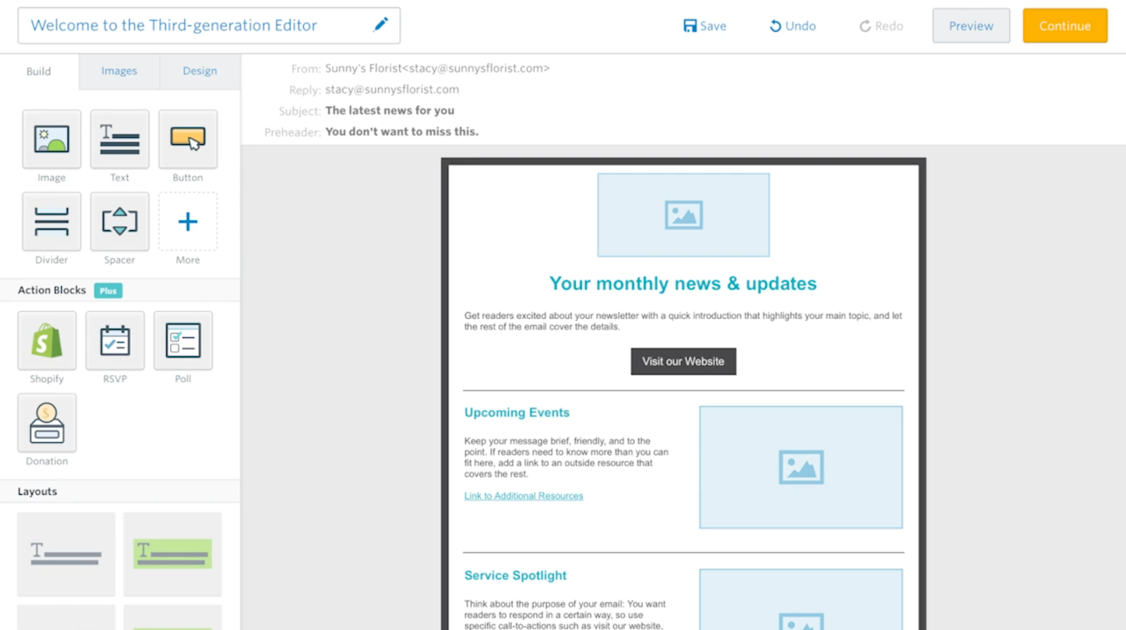 Constant Contacts wysiwyg email editor with drag-and-drop blocks