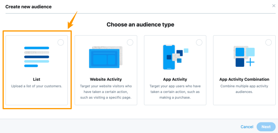 Page of Twitter Audience Manager with options to choose audience type