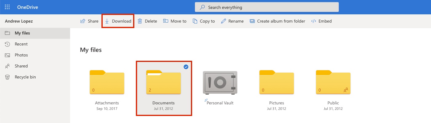 A screenshot of downloading a folder from OneDrive