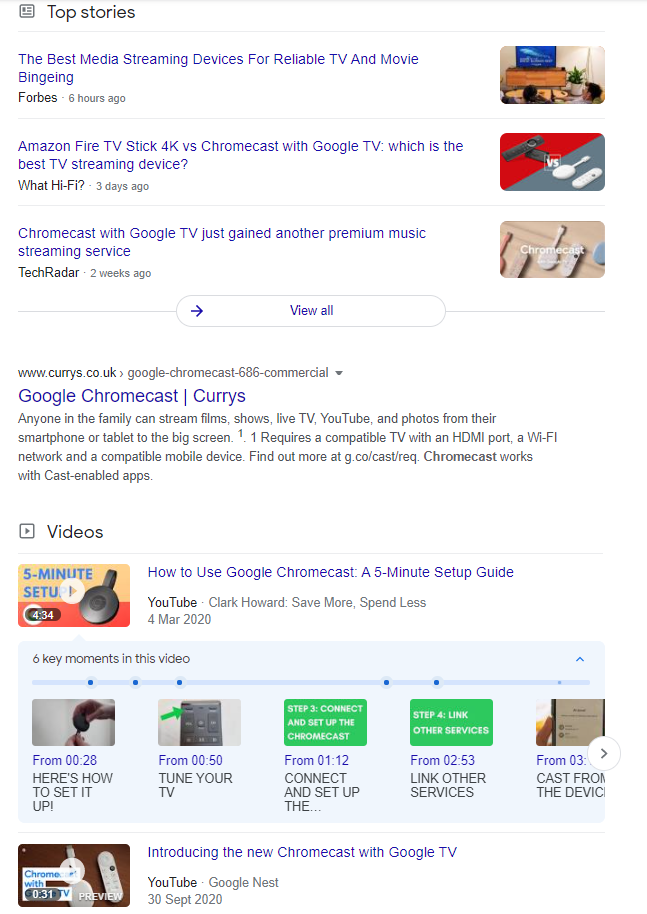 More search results for Google Chromecast including top stories and videos