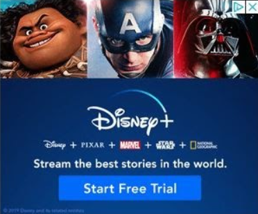 Disney banner ad featuring several of their holdings -- Disney + Pixar + Marvel + Star Wars + National Geographic