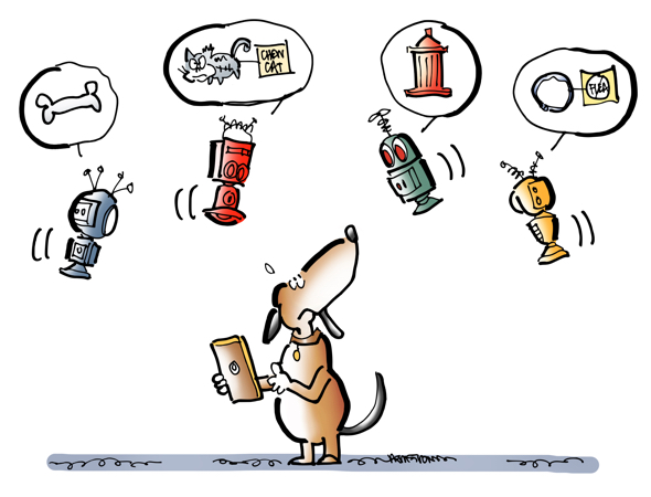 Dog surfing internet with smart phone suddenly surrounded by chatbots pitching dog-related products