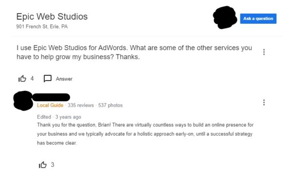 Screenshot of a local guide answered question on GMB